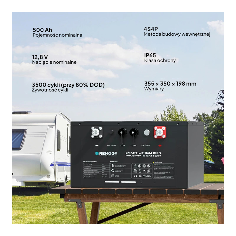 Akumulator Renogy LiFePO4 12V 500Ah Pro Smart z Bluetooth i funkcją samonagrzewania