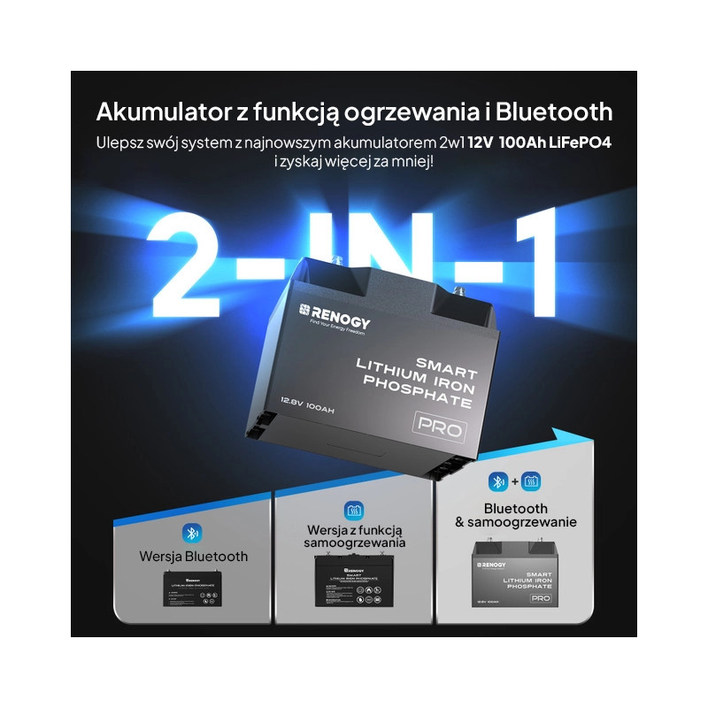 Akumulator Renogy LiFePO4 12V 100Ah Pro Smart z Bluetooth i funkcją samonagrzewania